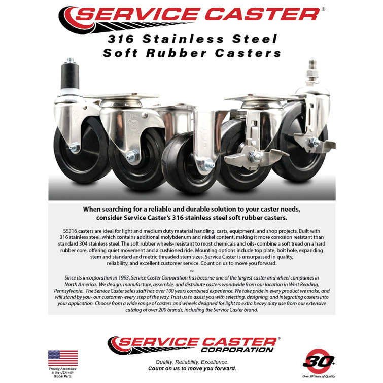 Service Caster 316SS Soft Rubber Wheel Swivel Threaded Stem Caster Set